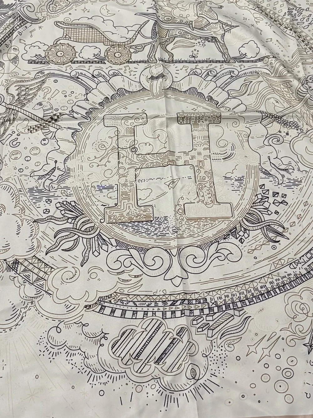 Hermes Black Gold Ivory Horse Carriage Celestial Print Square Silk Scarf 35x35